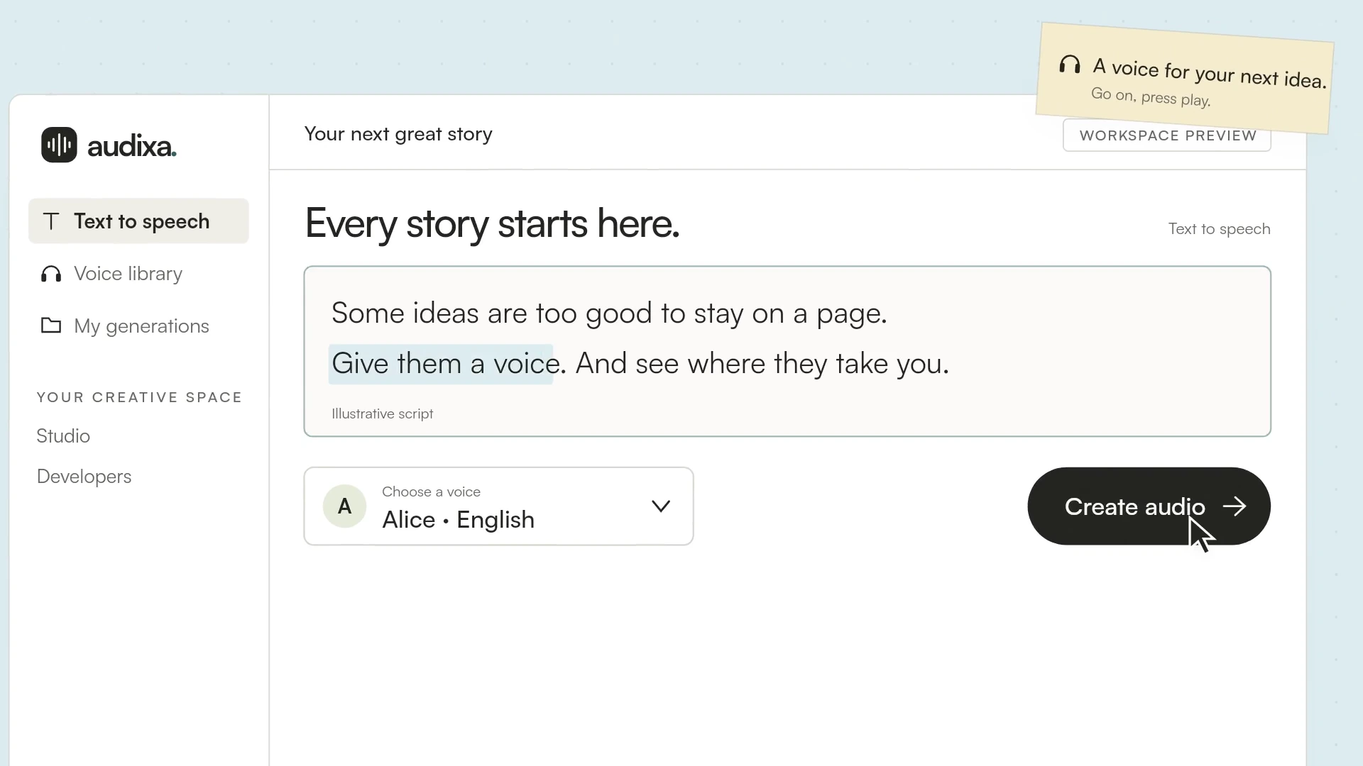 Audixa launch film showing its text-to-speech workspace, script and voice selection